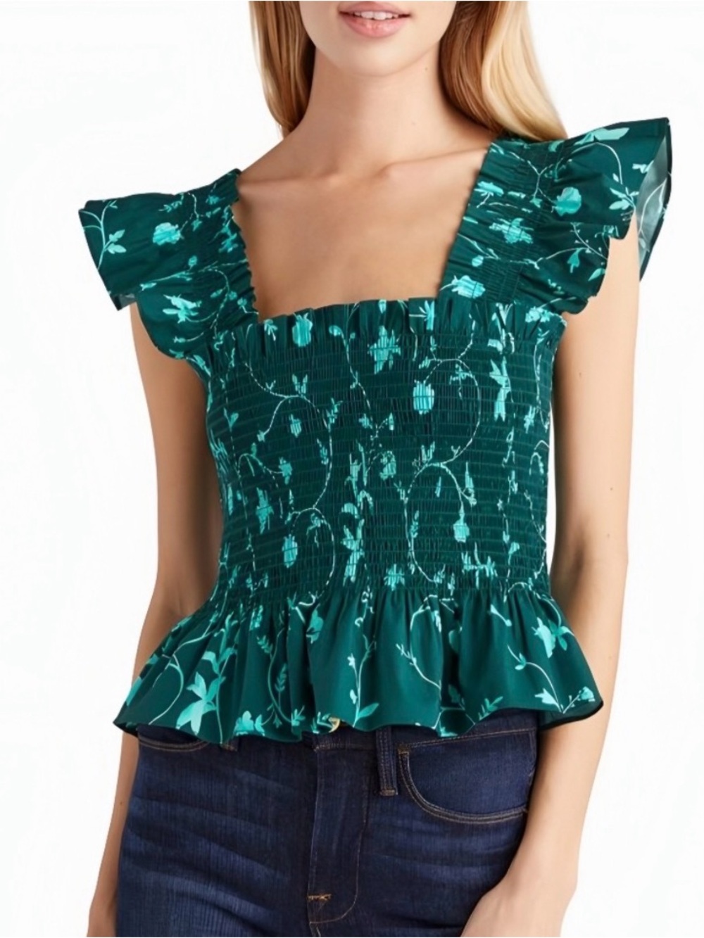 Hill House Forest Green Watercolor Floral Smocked Peplum Paz Top